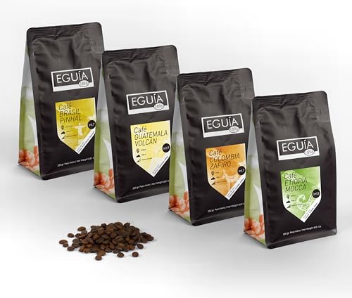 Eguia Pack de Degustacion 4× 250g-Granos de café espresso Arábica no amargo y de tueste medio de Etiopía Colombia Guatemala y Brasil