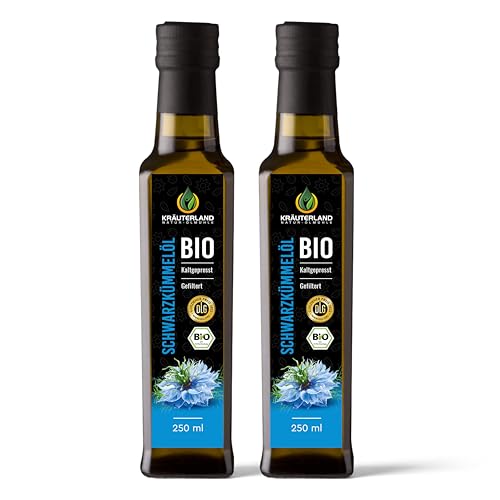 Kräuterland - aceite de comino negro orgánico, filtrado 2x250ml - 100 % puro, prensado en frío, egipcio, vegano - garantía de frescura: recién molido todos los días directamente del fabricante
