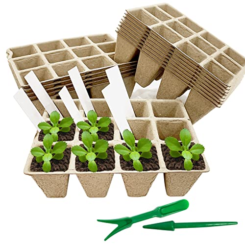 Paquete de 15 semilleros biodegradables,12 Rejillas,macetas de Cultivo,Kit de iniciación,bandejas para semilleros, Mini macetas para Jardín Plántulas y Trasplantes(2 Gadgets + 50 Etiquetas)